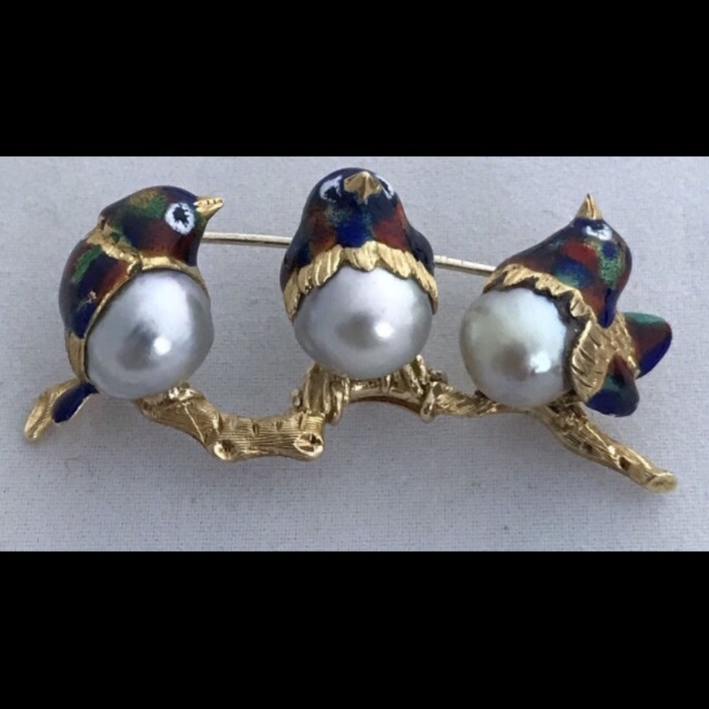 Solid 18kt gold, genuine pearl & enamel, brooch - Picture 9 of 10